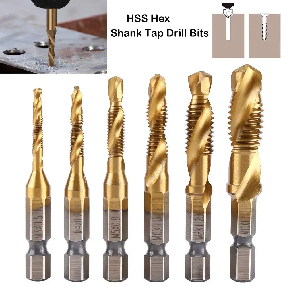 Compound Tap HSS Screw Thread Bit Screw Machine Shank Tap Drill Bits Titanium Plated Hex Shank Tap Drill Bit