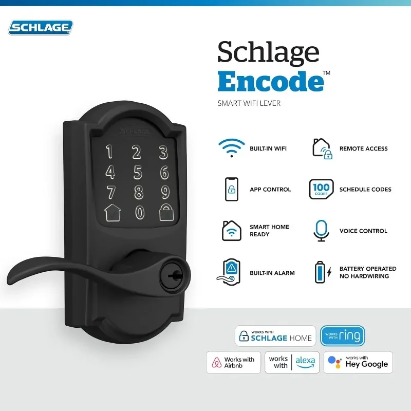 Schlage FE789WB CAM 622 Acc Encode WiFi Accent Lever Smart Lock, Keyless Entry Touchscreen Door Lock with Camelot Trim