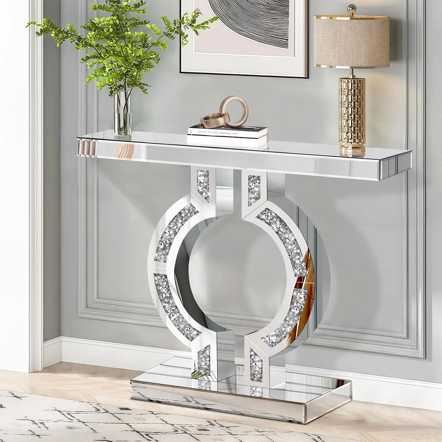 Silver Mirrored Console Table Crushed Diamond Inlay 39.4'' Entryway Sofa Table O-Base Modern Accent Narrow Table Living Room Hal