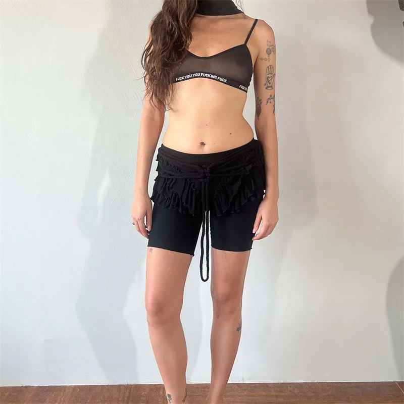 レディースサマーY2Kレトロブルマーストラップタイドレイヤードフリル装飾伸縮性ローウエストスリムフィットチェック柄パッチワークショーツ