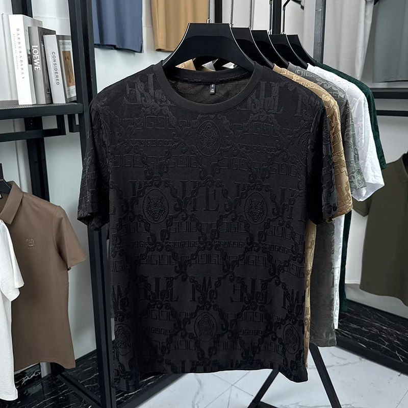 Herren Kurzarm-T-Shirts mit diskretem Jacquardmuster, Rundhalsausschnitt, lockerer Passform, knitterarm, leicht, modische Oberteile für Männer – Detail 11