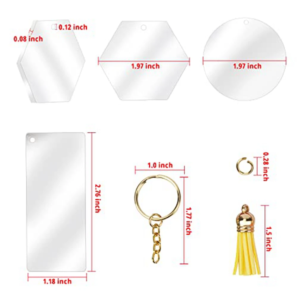 Acrylic Keychain Blanks Bulk for Vinyl Key Rings Kit DIY Craft 30 Pieces (3 Shape of Acrylic Sheets 15 Color Tassels)