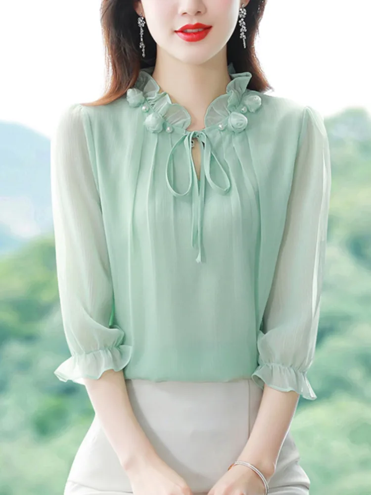 #2517 Pink White Green Chiffon Blouse Women Ruffled Collar Thin Vintage Sexy Womens Tops And Blouses Three Quarter Sleeve Summer