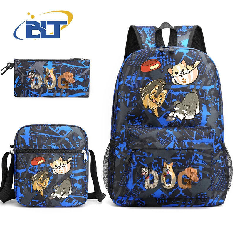 Cute Dog Cartoon Print Backpack Set para crianças, bolsa de escola estudantil, bolsa de ombro, lápis, presente de volta à escola, 3 pcs