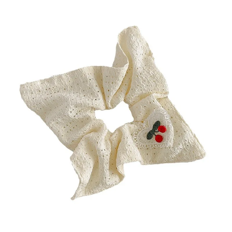 1pc  New high-value cherry pure white hollow fabric square scarf with large intestine headband and sweet headband hair accessory image 5