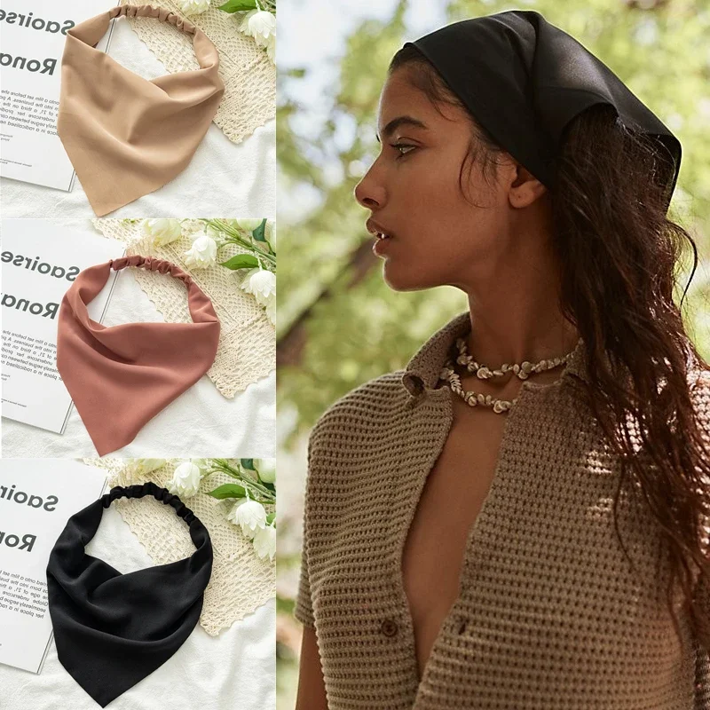 Woman Girls Solid Summer Head Scarf Chiffon Triangle Bandanas Women Elastic Hairband Hair Accessories Headwear Ornaments