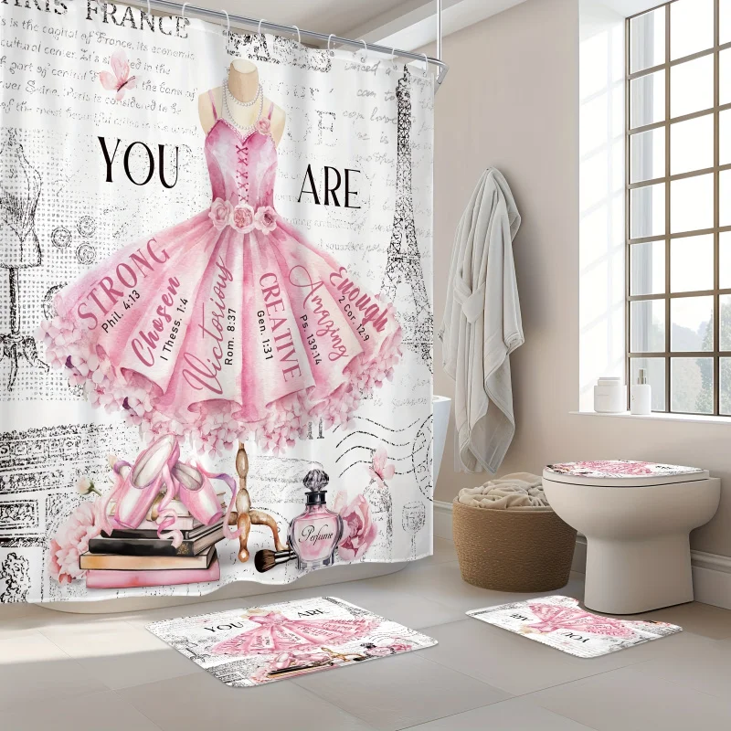 1/4 Piece - Pink Ballet Skirt Shower Curtain Set, Fashion Girl Paris Modern Ballerina Inspirational Quotes Flowers Perfume Book