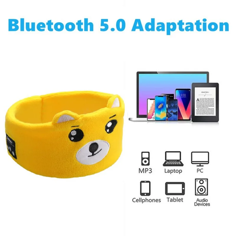 Wireless Bluetooth V5.0 Stereo Headset Cartoon Animal Headband Sleeping Aid Soft Sleep Eye Mask Eyepatch Music Calling Headphone