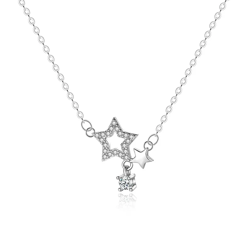 

100% 925 Sterling Silver Zircon Star Necklace for Women Girl Hollow Out Geometric Design Jewelry Birthday Gift Dropshipping