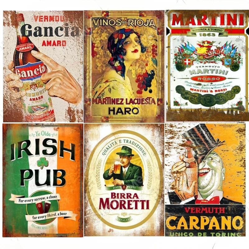 HD Tin Sign Vintage Alcohol Liquor Brand Theme Wall Decor Set - Retro Gancia Martini Birra Moretti Irish Pub Art Metal Tin Signs