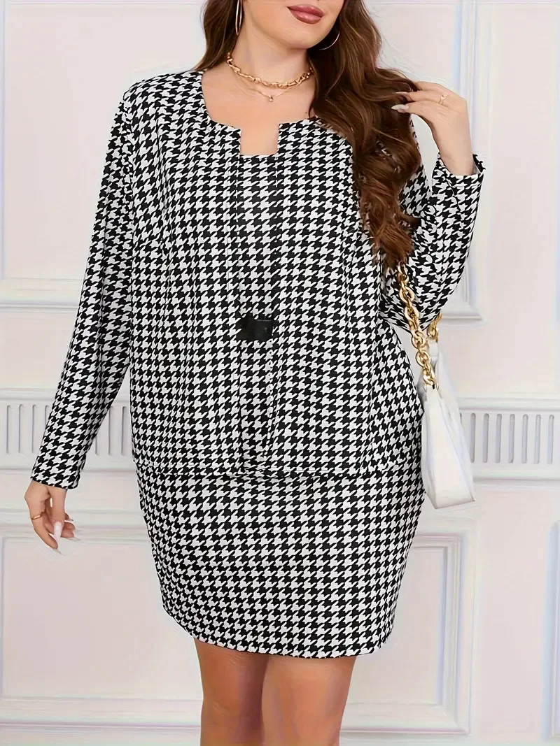 GIBSIE Plus Size Houndstooth Print Two Piece Set Women Autumn Long Sleeve Open Front Coat And Cami Dress Suits bez paska