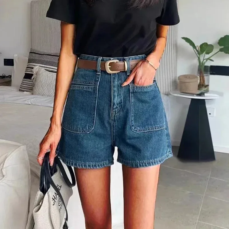 Jean taille haute Vintage à jambes larges pour femme, pantalon Streetwear Y2k années 2000, mode rétro bleu clair, short en Denim Baggy