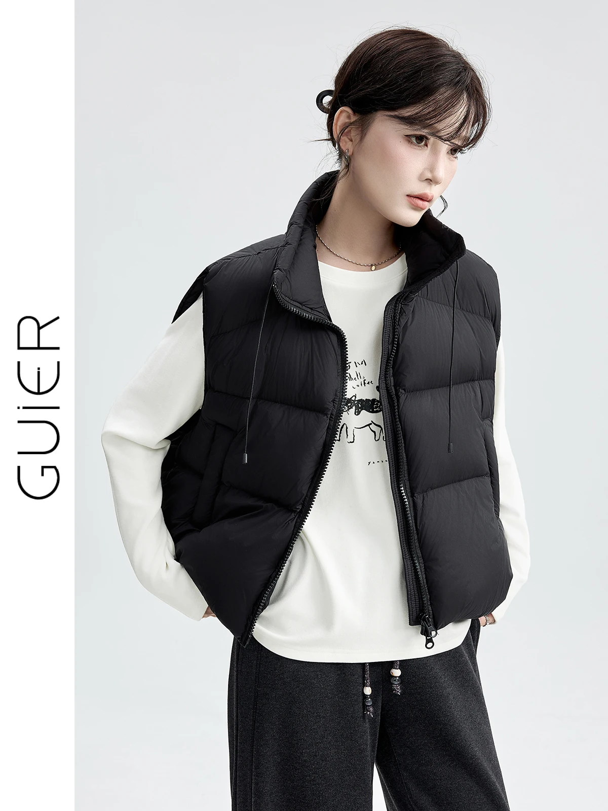 

Bla down Vest Women's Outerwear Winter Stand Collar Slimming White Du down Warmth Coat Casual Sle Zipper Closure Regula...