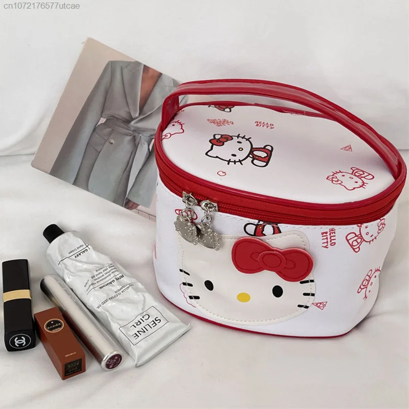 Bolsa de maquiagem Sanrio Hello Kitty feminina, bolsa de lavagem impermeável, bolsa de couro fofa dos desenhos animados, bolsa portátil de grande capacidade