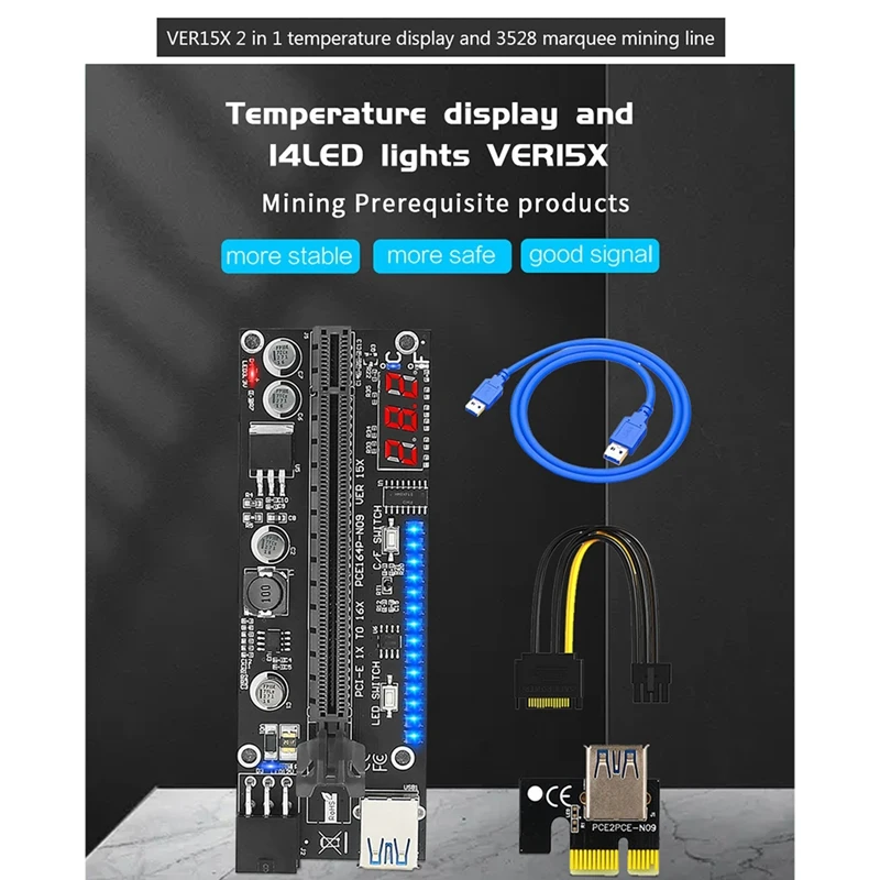 PCIE Riser 15X Plus pci-e 16X Riser VER15X Riser Card 6pin Power 14LED luci Display della temperatura per Miner Mining