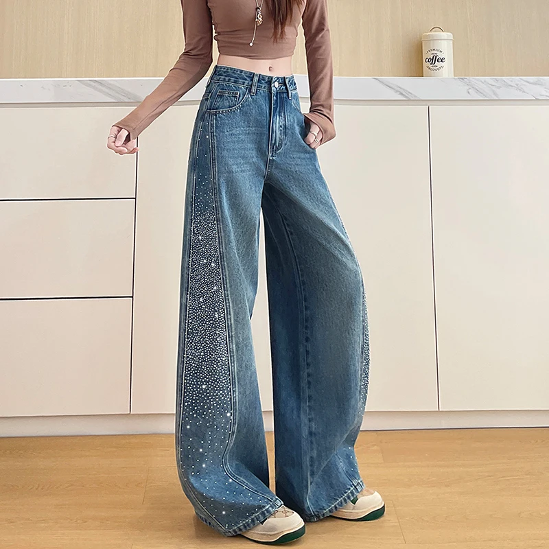 Women High Waist Wide Leg Jeans, Side Rhinestone Sparkly Denim Pants, Dark Blue Loose Straight Baggy Trousers for Streetwear