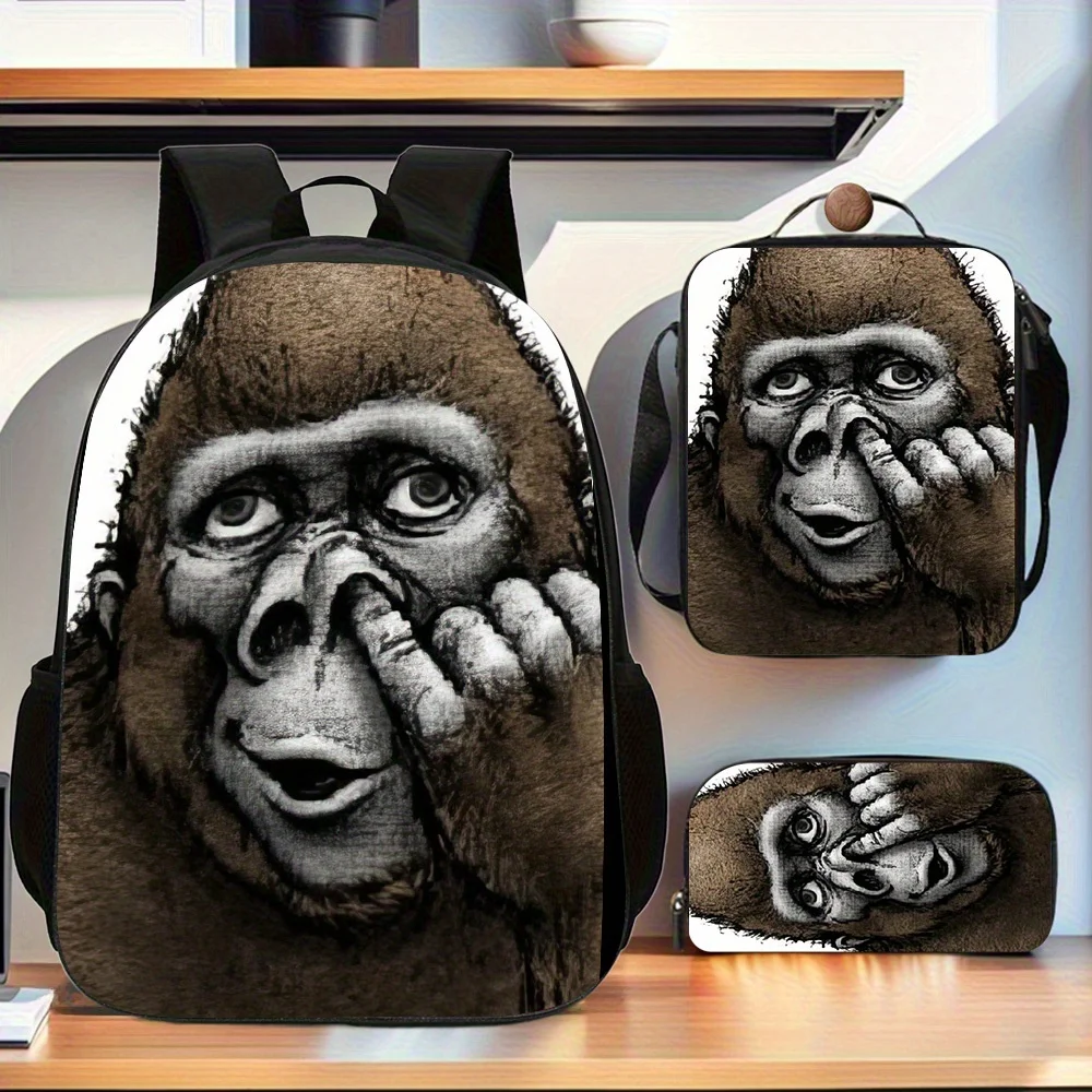

Gorilla 3pcs Cartoon Backpack Set for Students - Lightweight, Foldable with Adjustable Straps, Includes Large Capacity Double Sh