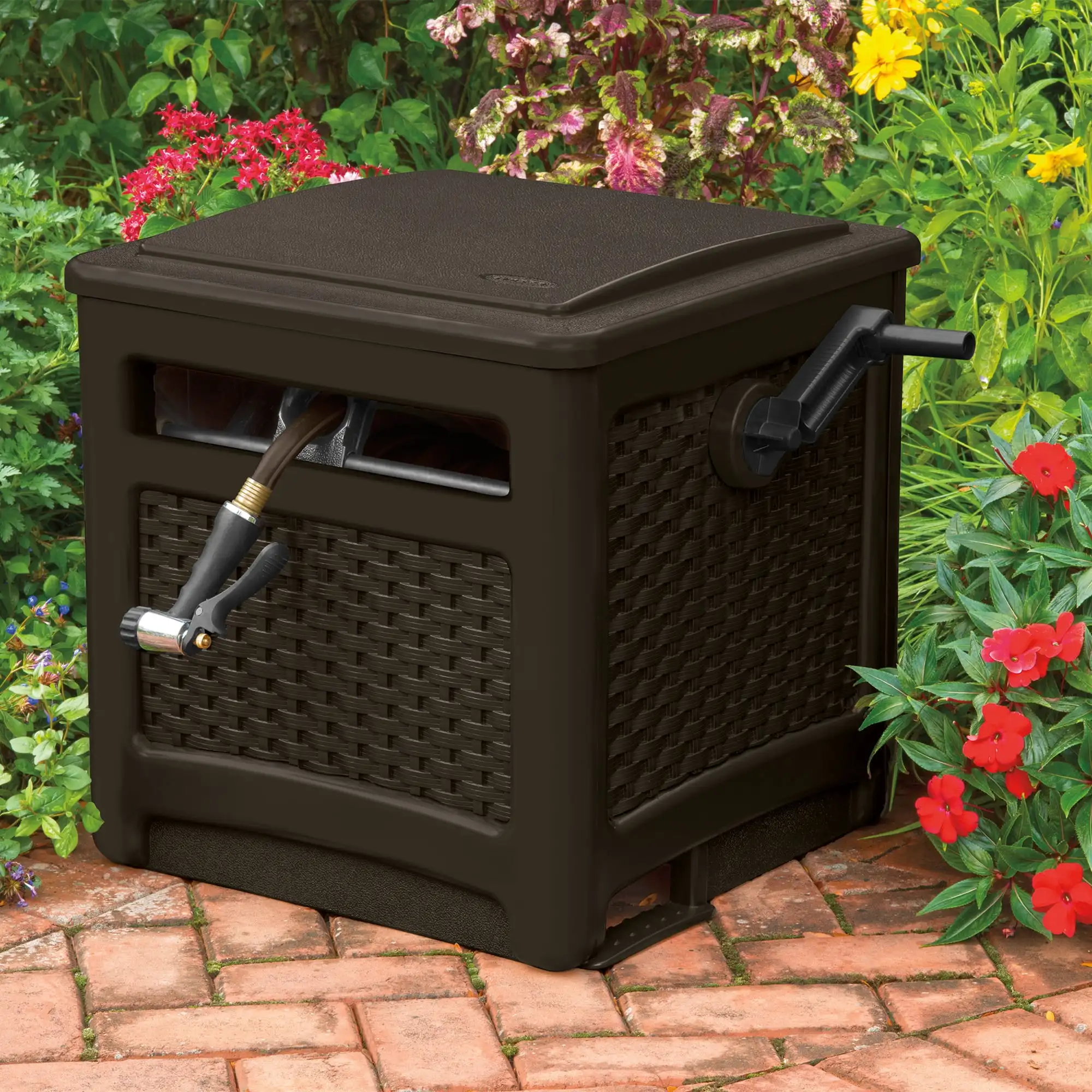 Guia de carretel de mangueira de jardim de vime Smart Trak de 225 pés e ocultar, Java Brown