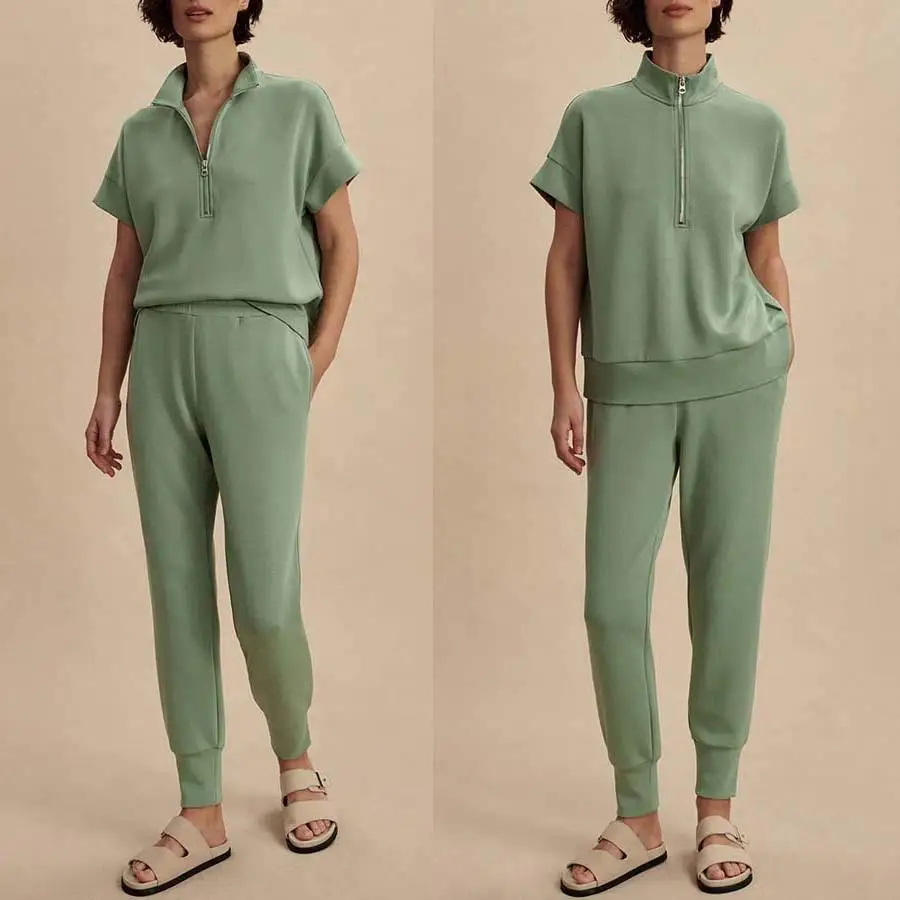 

Женский повседневный свободный комплект из двух предметов: брюки и топ с воротником на молнии, однотонный, с контрастными вставками, осенне-зимний модный ансамбль