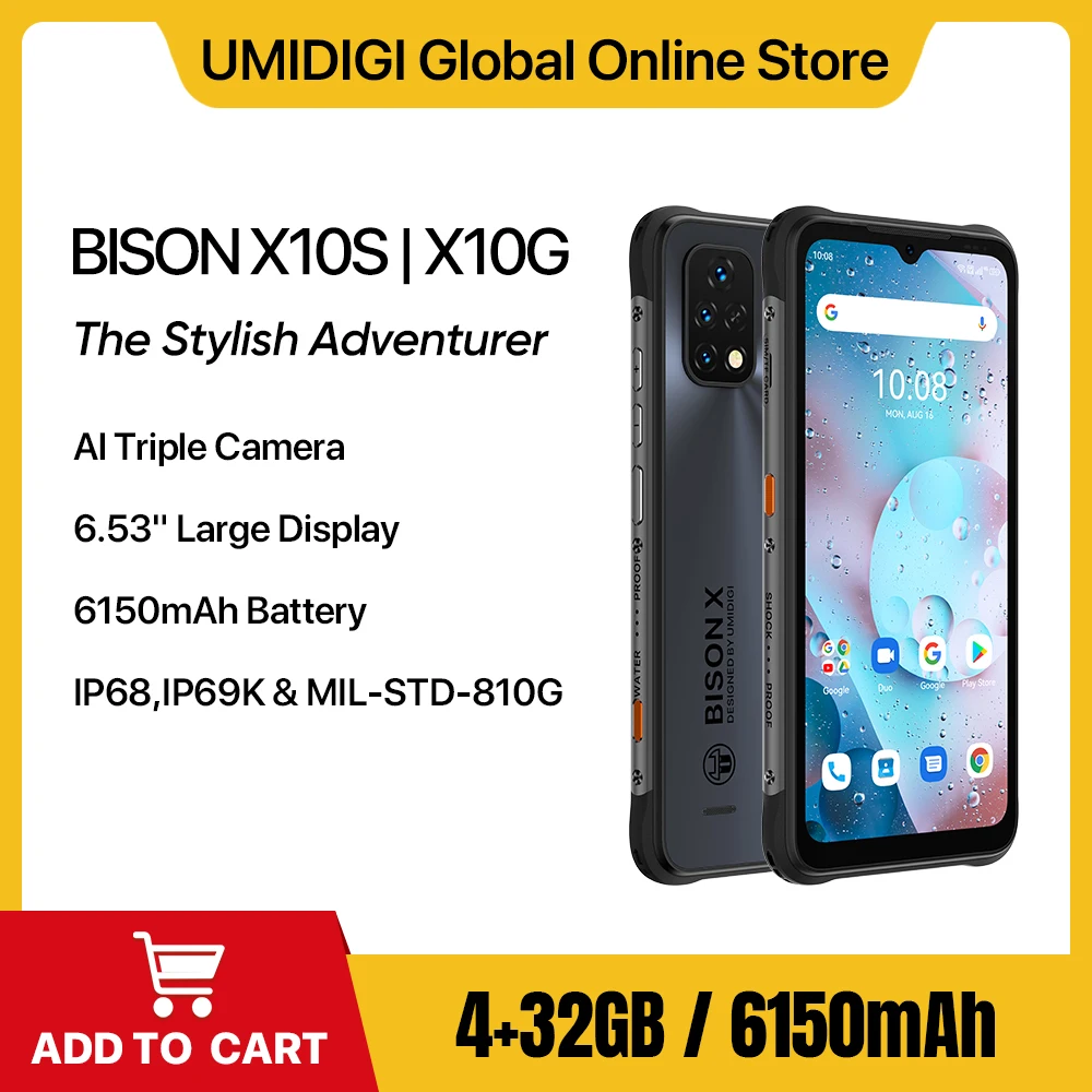 UMIDIGI-BISON X10S X10G, teléfono móvil resistente al agua IP68/IP69K, Android 11, pantalla HD de 6,53 pulgadas, 4GB + 32GB, 16MP, batería de 6150mAh