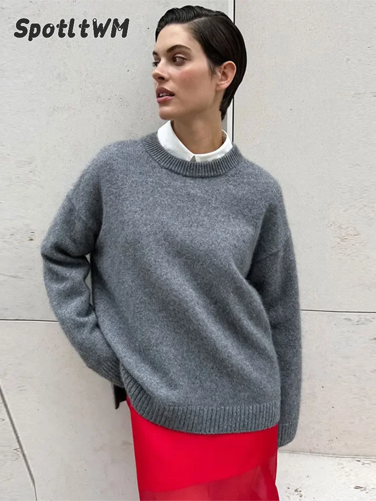 Women Fashion Gray Basic Knitted Sweater Casual O-neck Long Sleeve Loose Pullover Top 2024 Autumn New Female Commuting Jumper