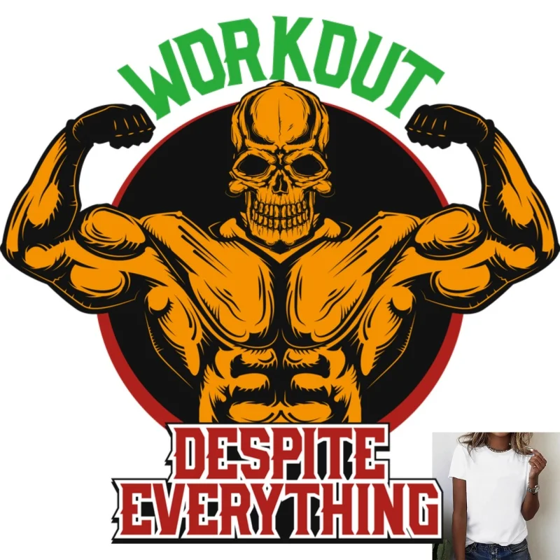Workout Skeleton Muscle Man Heat Transfer White Ink Iron - on Patch, Trendy & Stylish, Suitable for T - shirts, Backpacks, - zdjęcie 1