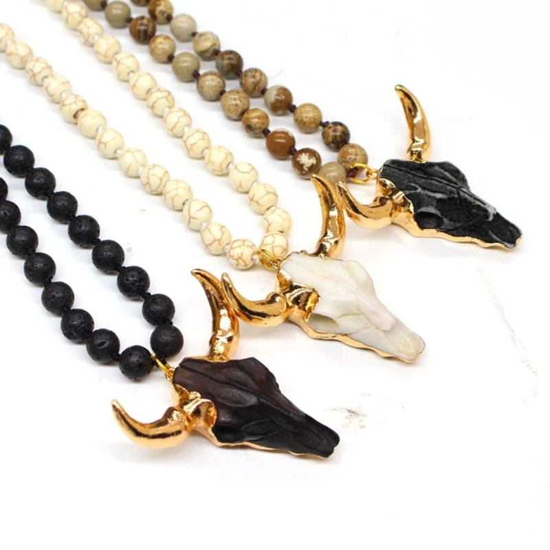 Ethnic Jewelry Hand-knotted Long Necklace with Stone Beads and Ox Horn Pendant Dropship