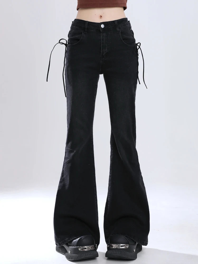 High Waist Bell Bottom Jeans Women's Slim Fit Elastic Micro Flared Denim Pants Black Belted Tapered Leggings Summer Wear