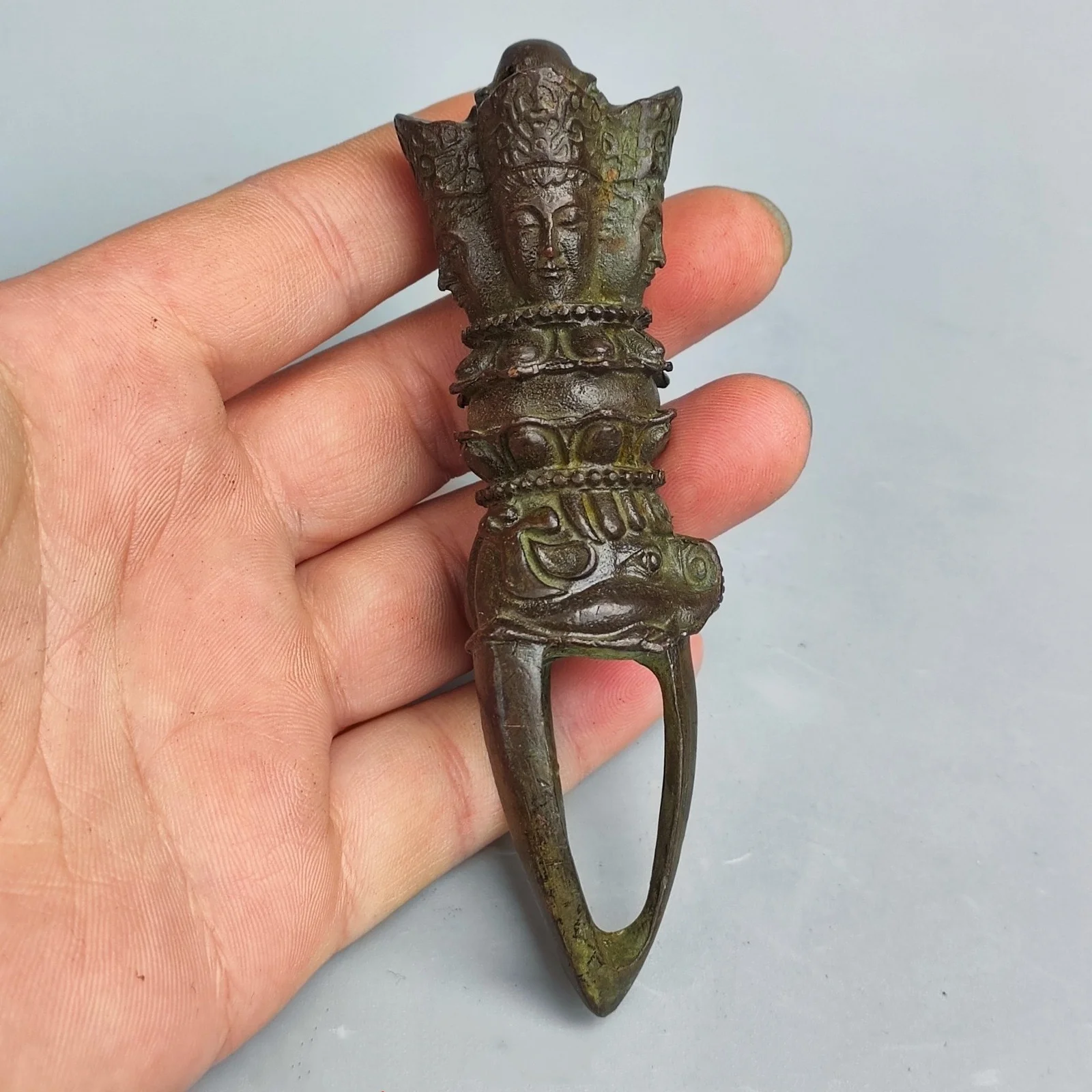 Chinese antique purple bronze Tibetan animal head four-sided pagoda