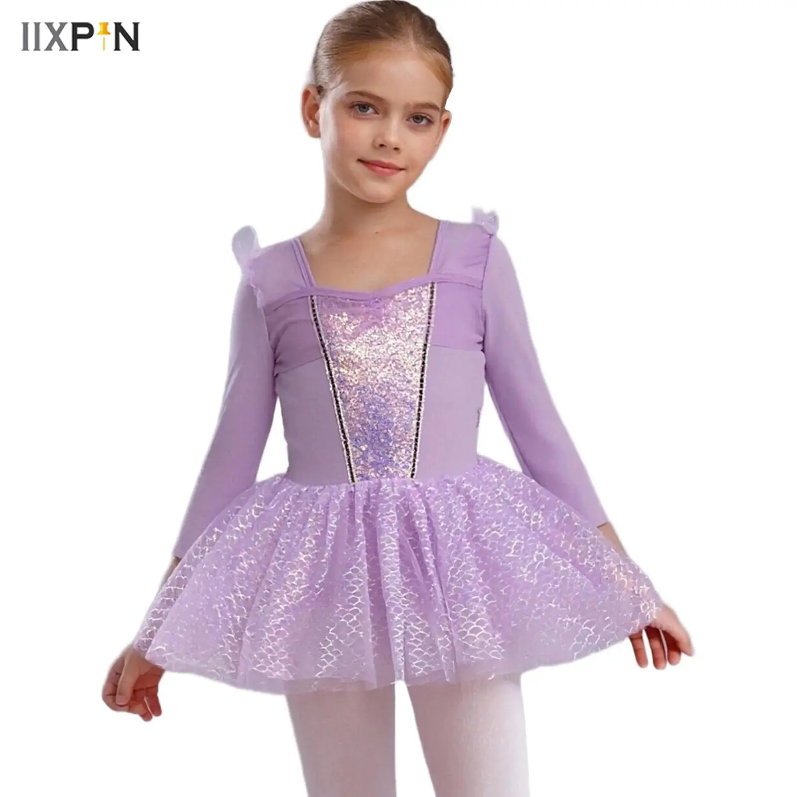 

Kids Girls Ballet Dance Dresses Sheer Mesh Ruffle Long Sleeve Shiny Sequins Patchwork Fish Scales Tulle Tutu Dress Dancewear