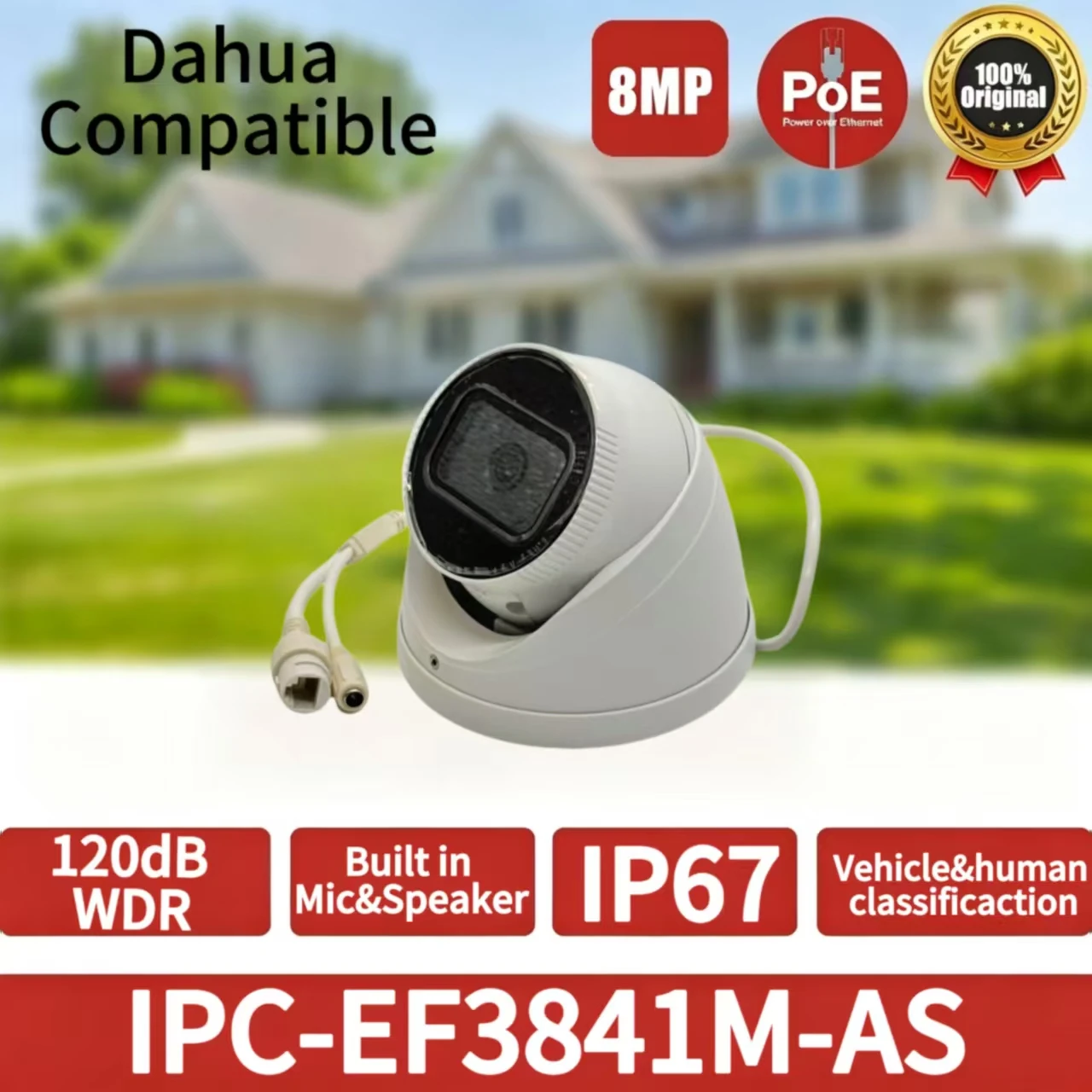 Cámara IP POE 4K de 8MP IPC-EF3841M-AS para Exteriores, H.265, Micrófono Integrado, IP67, Cámara de Vigilancia CCTV Compatible con Dahua