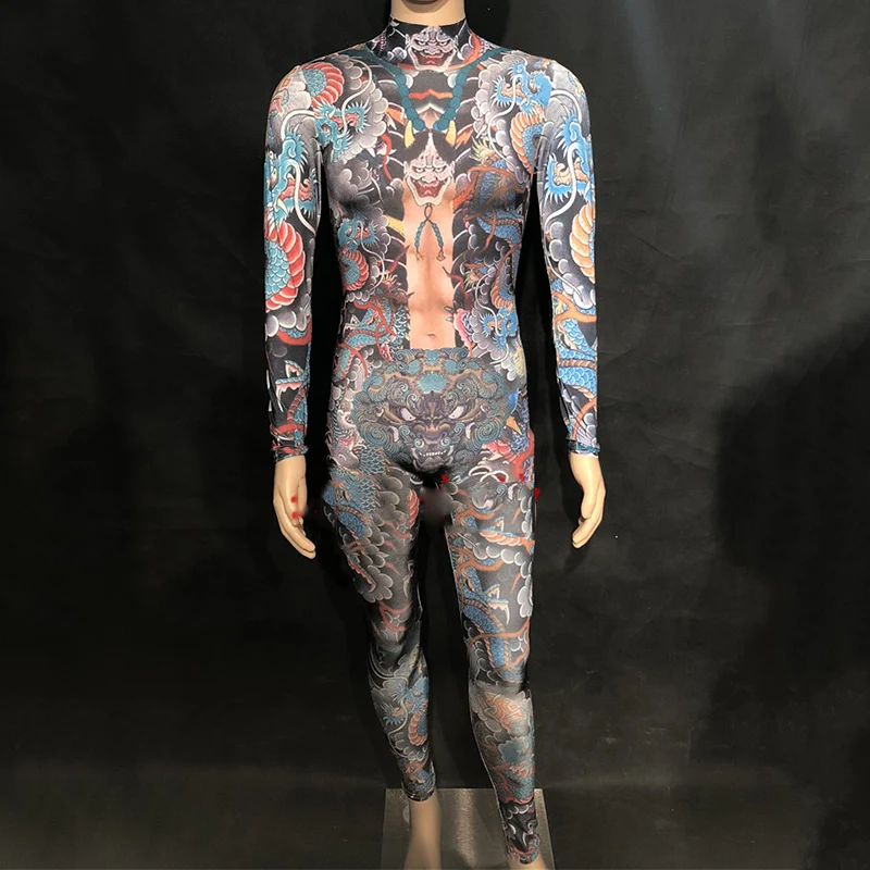 male printing jumpsuit party wears stage costumes long sleeve stretch bodysuit dj perform siamese Sexy men pole dance dress