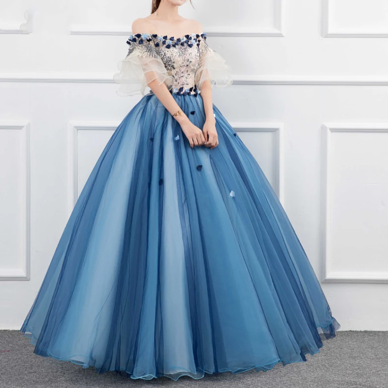 Customized Elegant Slash Neck Flower Appliques Slim Waist A-line Ball Gown Exquisite Floral Embroidery Appliques Gown Long Tiere