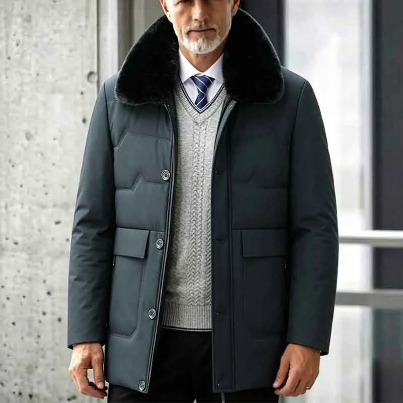 KIDWHXR 2026 Winter Man Fleece Jacket Thicken Fur Collar Male Outerwear Business Casual Long Sleeve Pocket Zipper Men Coat