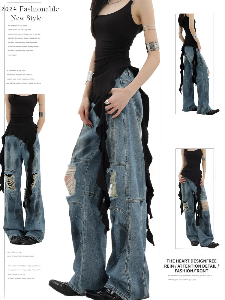 

Retro American Denim Jeans Women's Summer High Waist Wide Leg Floor-Length Pants Spattered Ink Hole Punching Patchwork Design