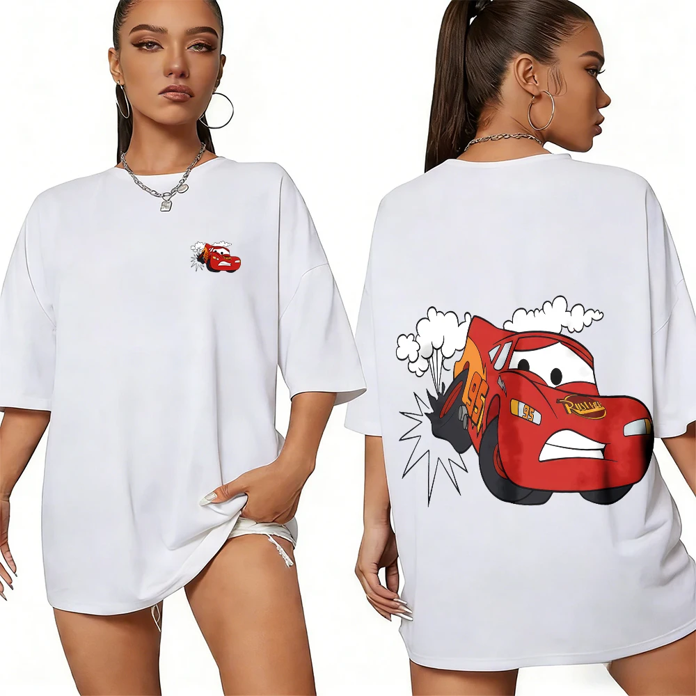 

Disney Summer Race Car Dynamic Effect Lightning McQueen Image 100% Cotton Print T-shirt Men's Casual Breathable Top Y2k