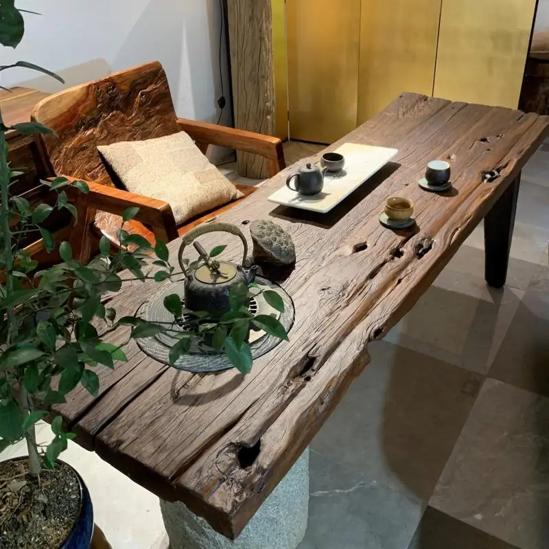 

wabi-sabi wind old wood and old stone charcoal stove table, medieval surrounding stove tea table, tea table