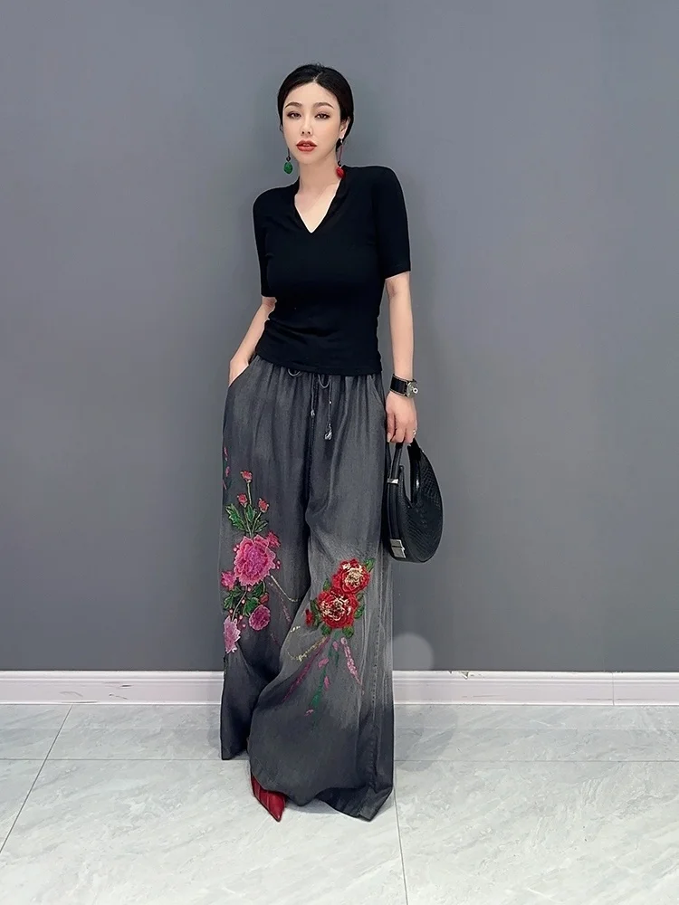 Vefadisa 2024 Summer New Korean Fashion Embroidery Flower Long Soft Denim Wide Leg Jeans Women Single Piece Pants ZXF155B