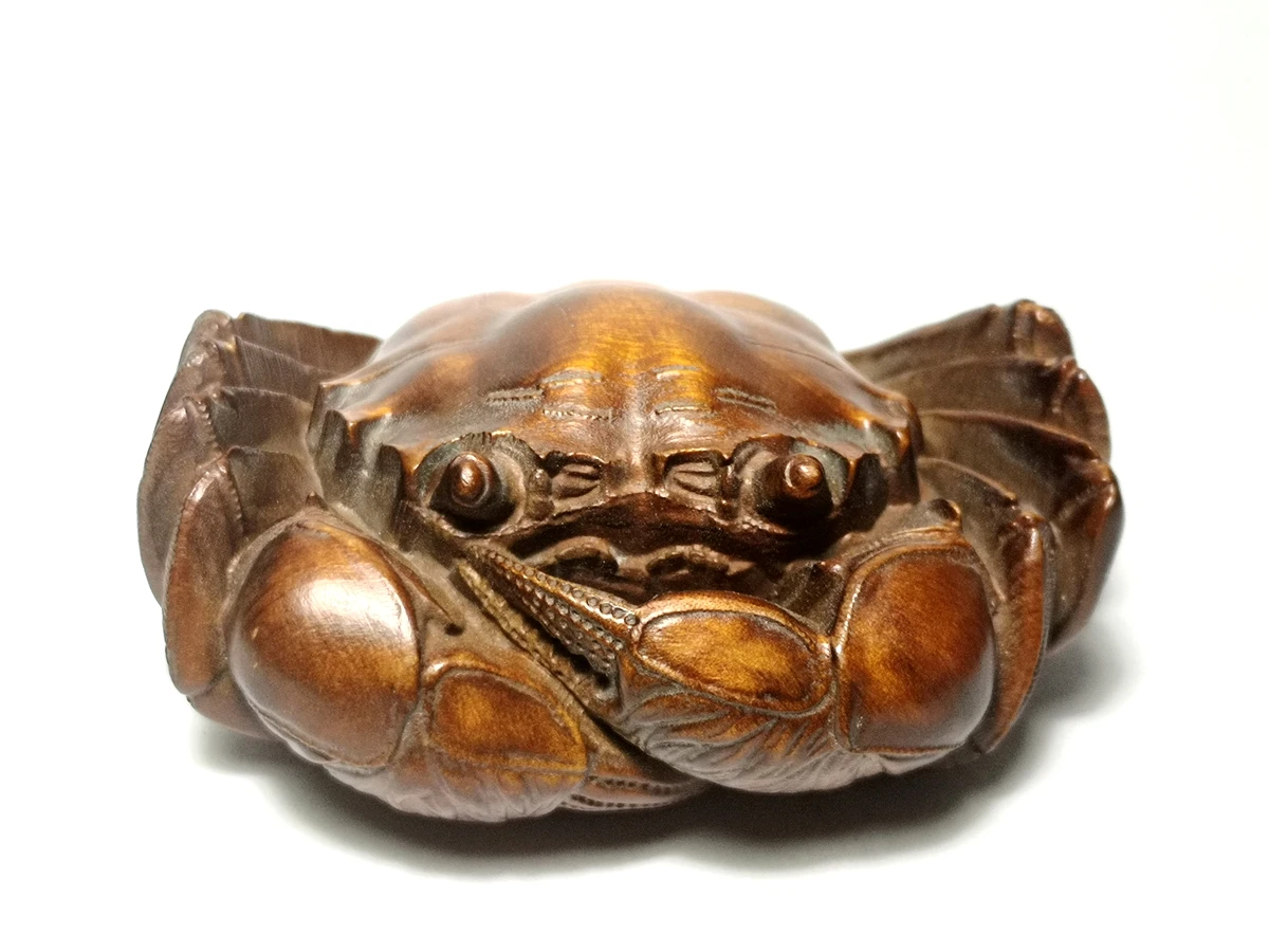 

1919 Antique art Size 2.9 Inch Old Chinese boxwood Hand carved Money Crab Frog Figure statue desk Decoration Netsuke Collection