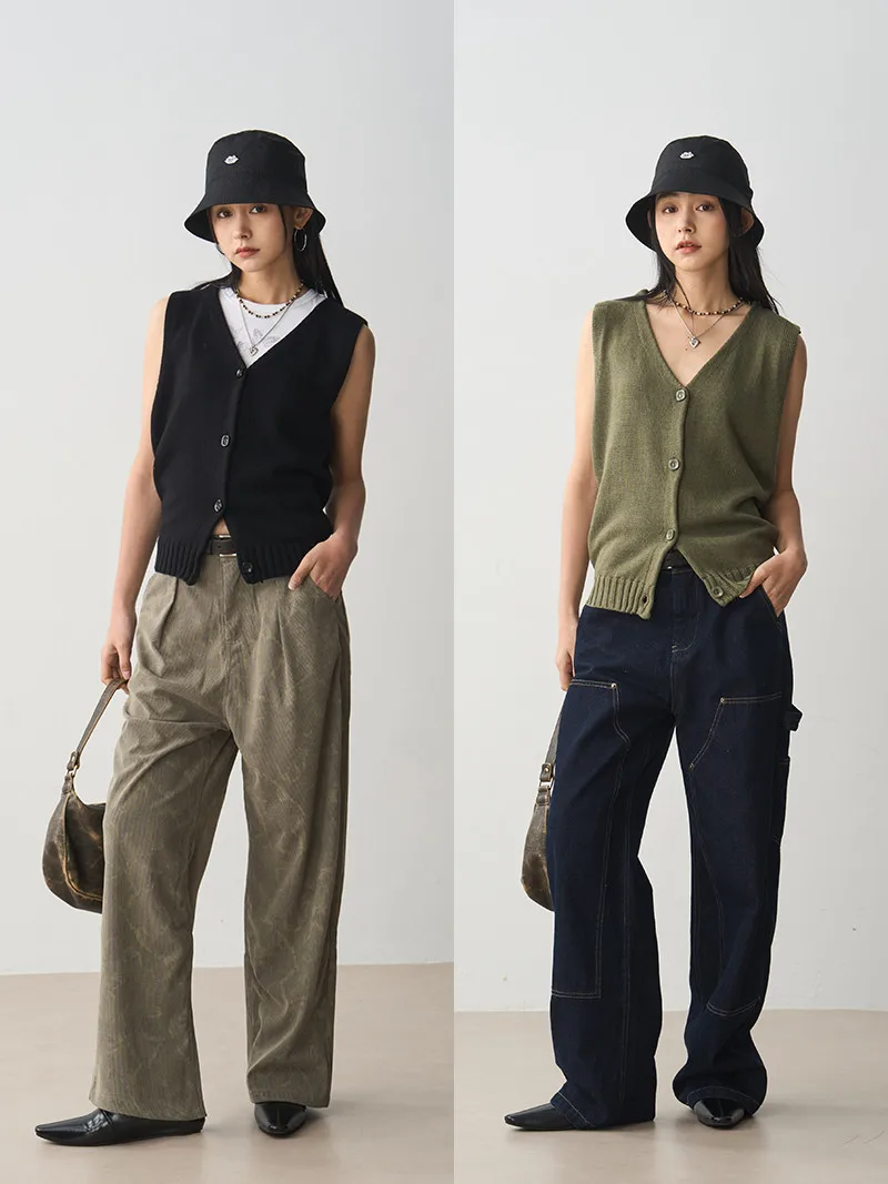 

Женский вязаный жилет с V-образным вырезом, однотонный кардиган на пуговицах, повседневный топ из смесового хлопка