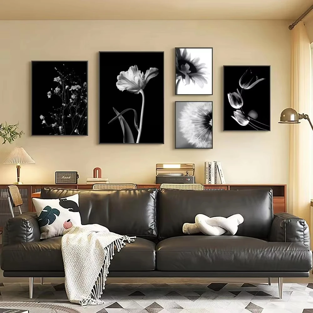 Black And White Art Plant Flower Poster Retro Print Paper Waterproof High Quality Sticker Home Living Room Bar Wall Decoration