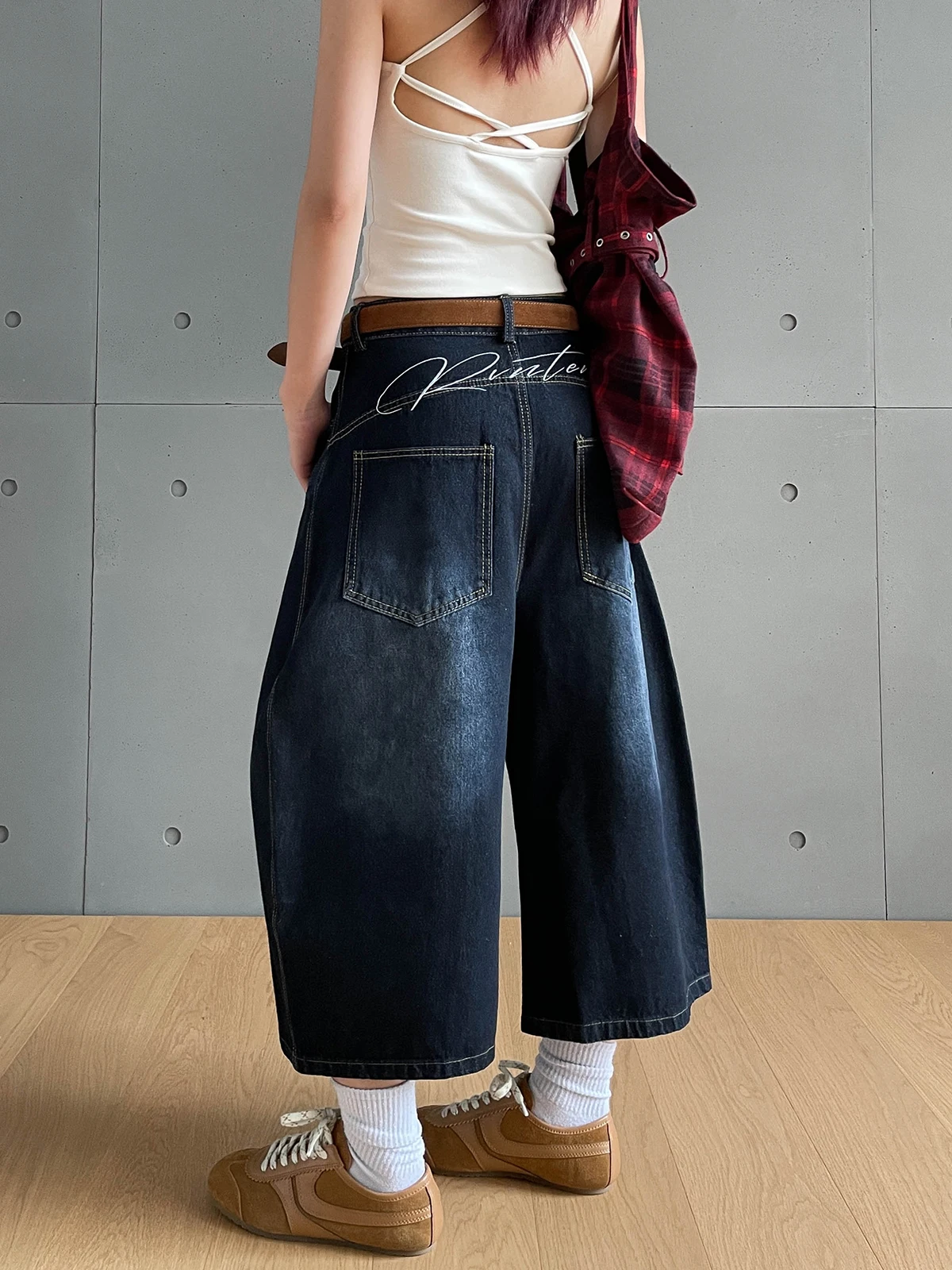 

American High Street Retro Letter Embroidery Wide Leg Jeans Shorts Casual Loose Fit for Men Youth Popular Straight Leg Jeans