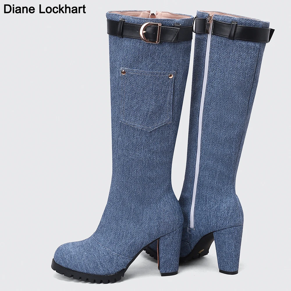 Designer New Slim Plus Size Denim Knee high Boots Women Chunky Heels High-heeled Shoes Round Toe belt buckle Cowboy Bottes