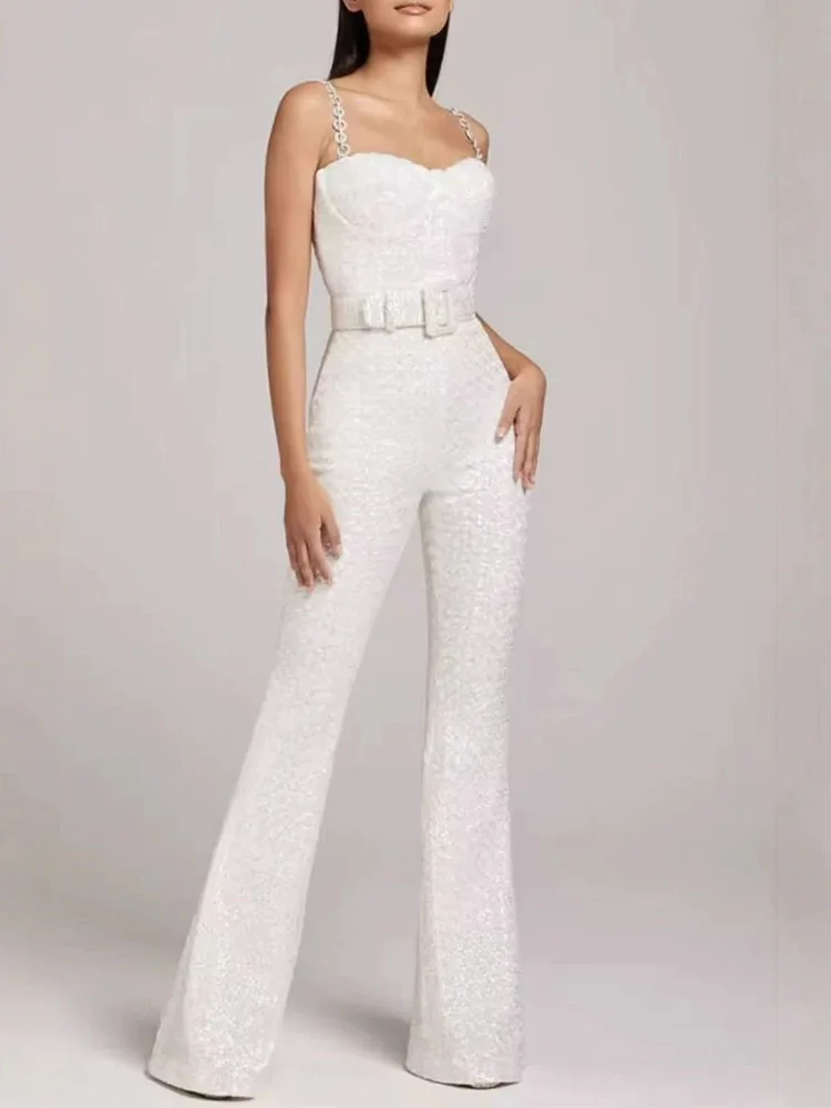2026 early spring new fashionable and sexy waistband sequin solid color jumpsuit high street style versatile jumpsuit
