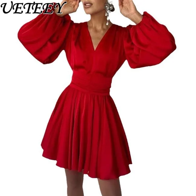 เดรสผ้าซาตินทรงเอไลน์ แขนยาวพอง สไตล์ฝรั่งเศส ระดับไฮเอนด์ สีพื้น คอวี ช่วงเอวเข้ารูป เหมาะสำหรับงานวันเกิด