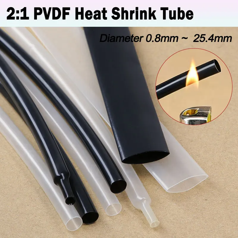 1/2/5m Black/Transparent 2:1 PVDF Heat Shrink Tube Dia. 0.8~ 25.4mm 600V Oil Resistant High Temperature Cable Protector Sleeve