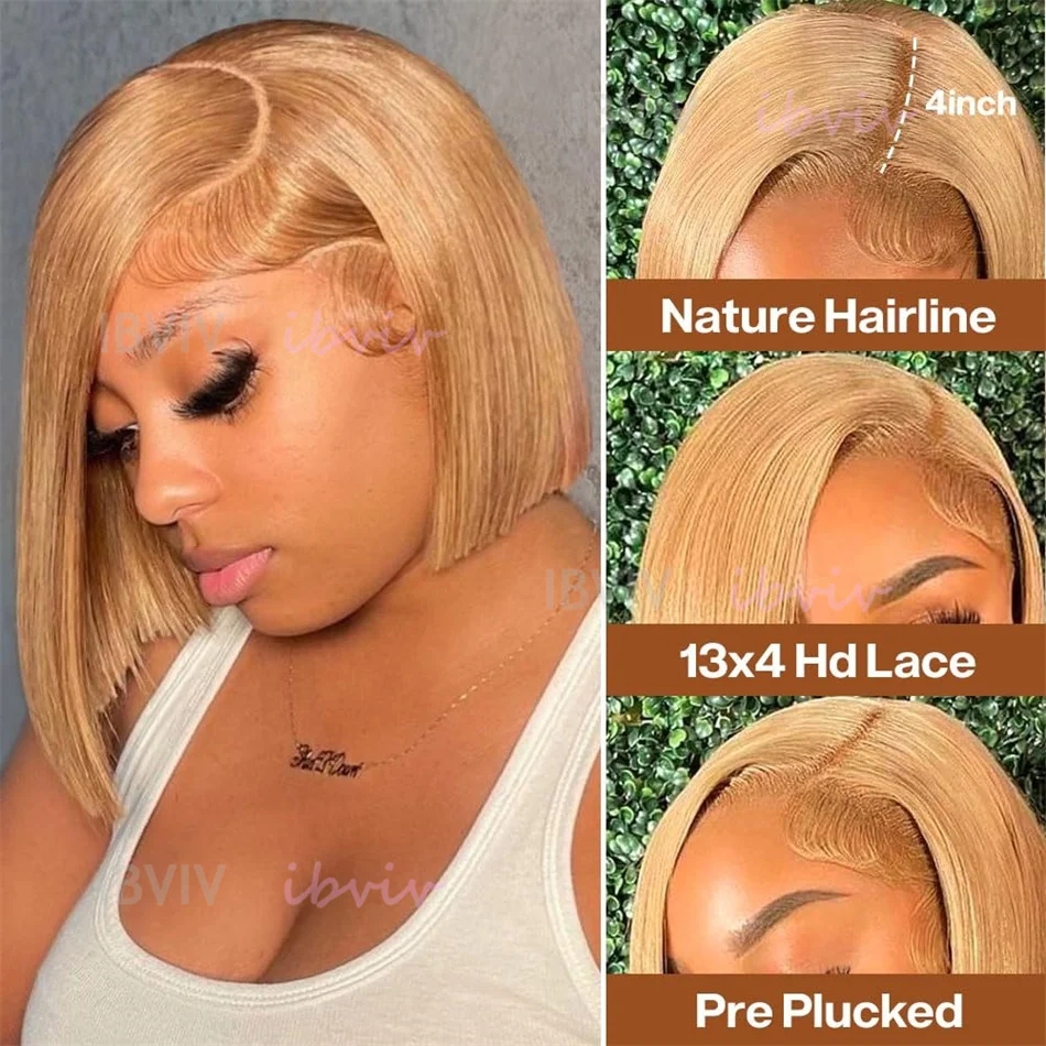 100%人毛 # 27 ハニーブロンドカラーのショートボブ人毛ウィッグ 女性用人毛 13x4 レースフロントボブウィッグ ブラジル人毛