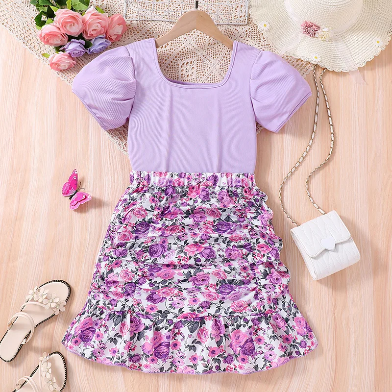 Kids Casual Clothing Sets Outfits for Girls Summer New Children Fashion Purple Floral Print T-shirts Tops Short Skirts 7-14Y