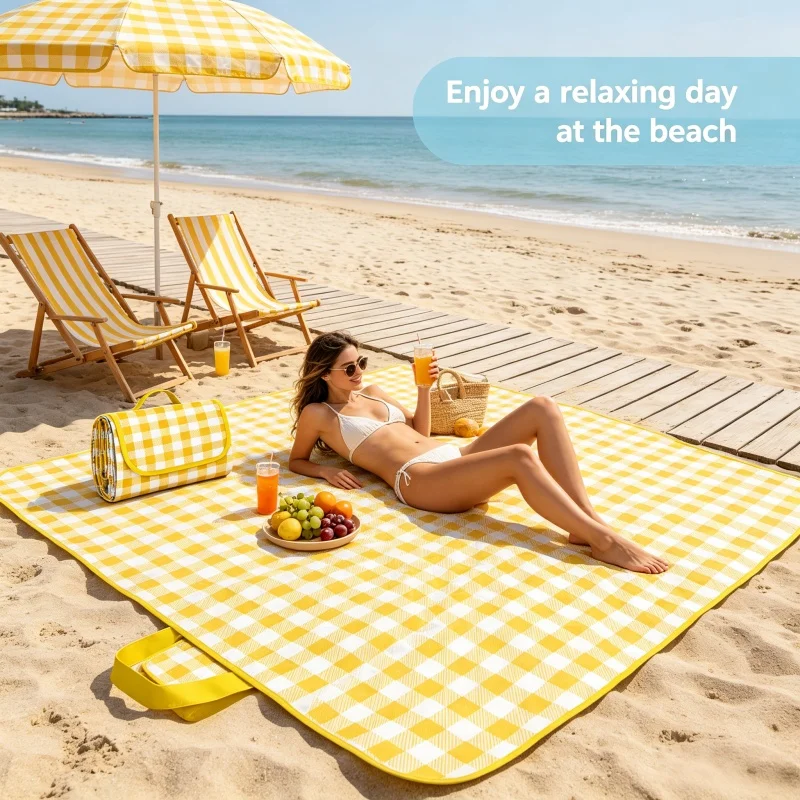 Portable Picnic Mat, Waterproof Foldable Beach Blanket -Outdoor Camping Travel Lawn Mat with Handheld Large-Sized Picnic Blanket
