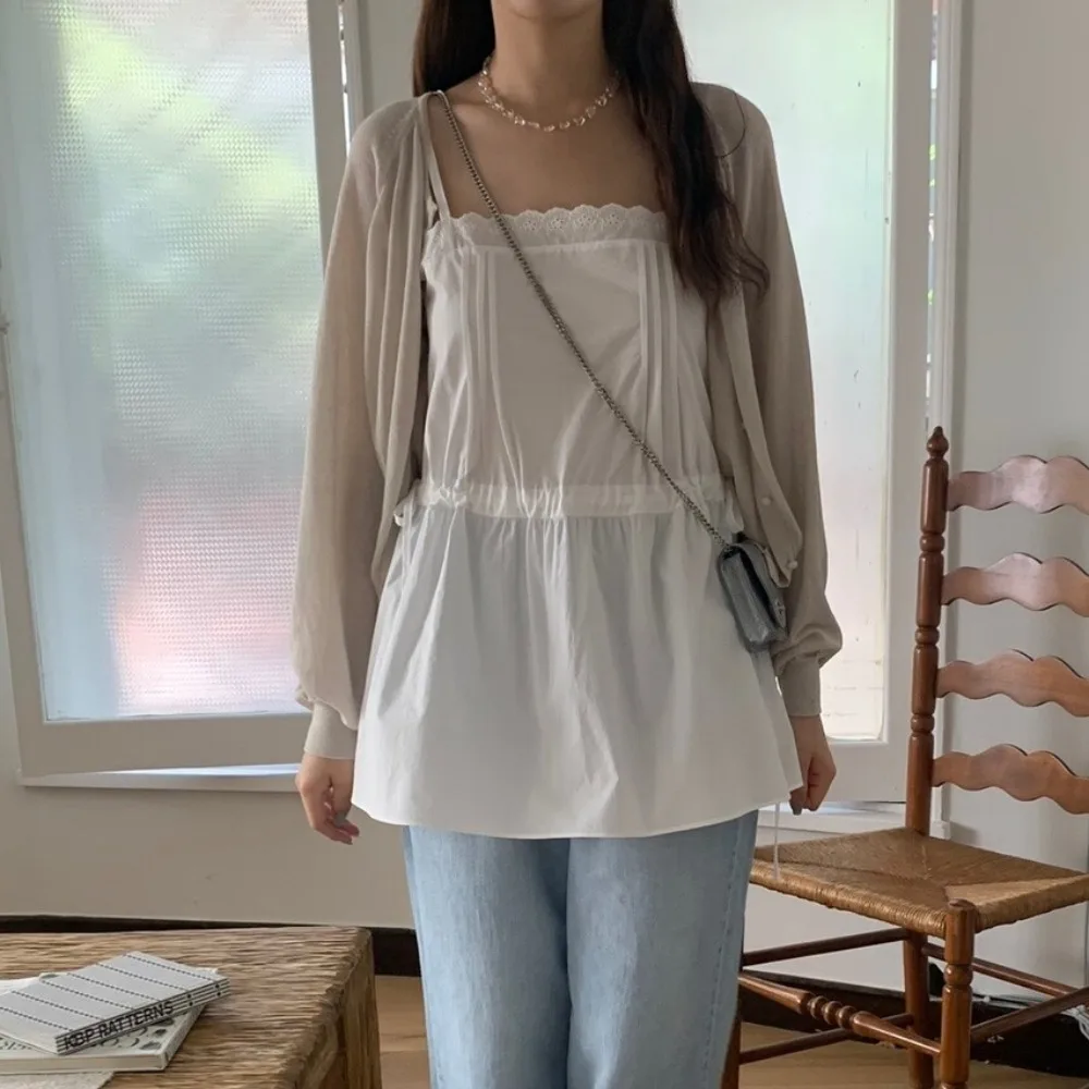 Verão fre doce em camadas saia dr feminino sle emenda plissado menina dstring colete strapl vestido de renda branca retalhos